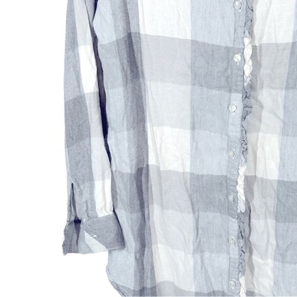 Aerie Grey White Colorblock Plaid Flannel Top Small | Button Front, Ruffle Trim - Picture 5 of 12